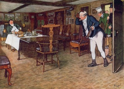 Mr. Pickwick findet Mr. Tupman beim Mittagessen im Leather Bottle, Cobham, 1910 von Cecil Charles Windsor Aldin